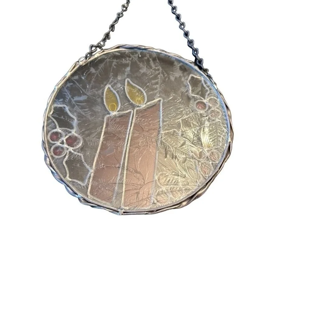 Stained‎ Glass Christmas Candle Suncatcher With Holly & Chain - Handmade Holiday